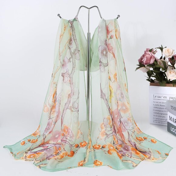 Women's Green-flower Fashion Lightweight Head Scarf Floral Print Chiffon Scarves - Picture 2 of 6